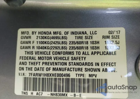 2017 Honda Cr-V Ex-L/Ex-L Navi из США, поврежденный, VIN 7FARW1H8XHE000496